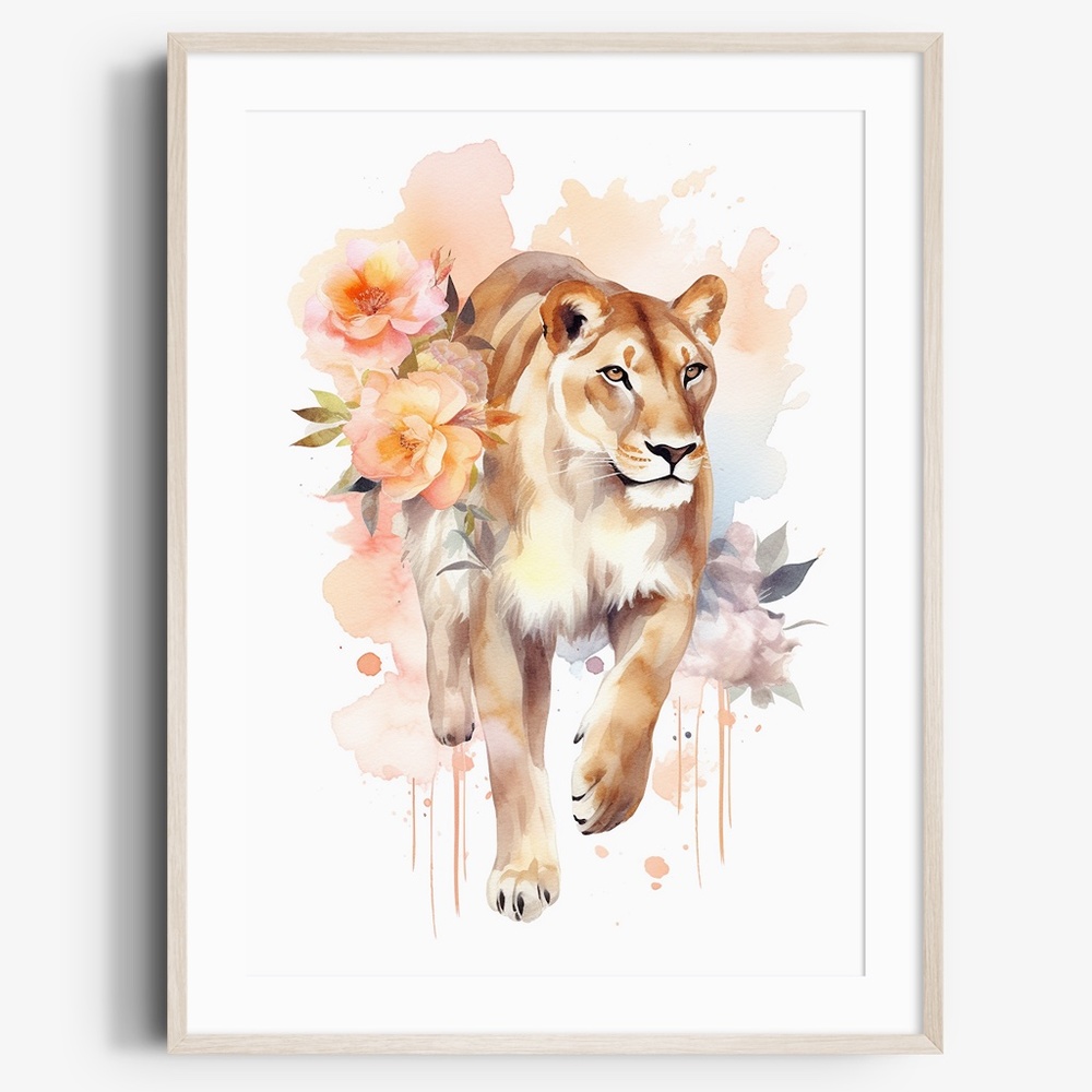Watercolor Lioness With Flowers Portrait Wall Art Illustration Print Unframed - Picture 1 of 6